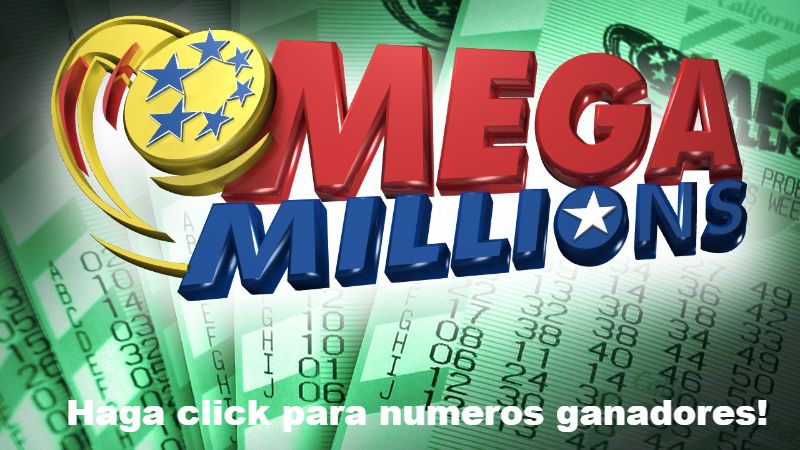 Mega Millions lottery logo with ticket background, click for winning numbers.